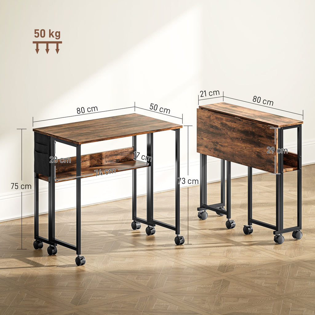 Bureau pliable sur roulettes 80 x 50 cm avec étagère et sac de rangement, brun rustique