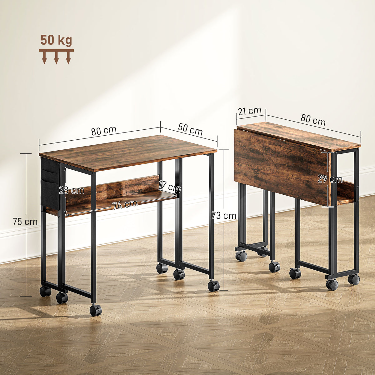 Bureau pliable sur roulettes 80 x 50 cm avec étagère et sac de rangement, brun rustique