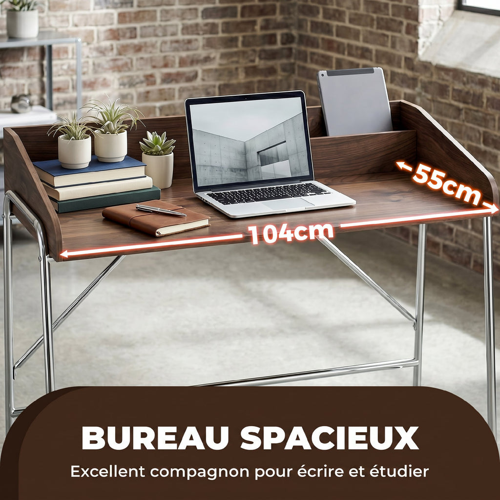 Bureau, bureau d'ordinateur 109 cm avec rebord de sécurité et structure en métal, noyer