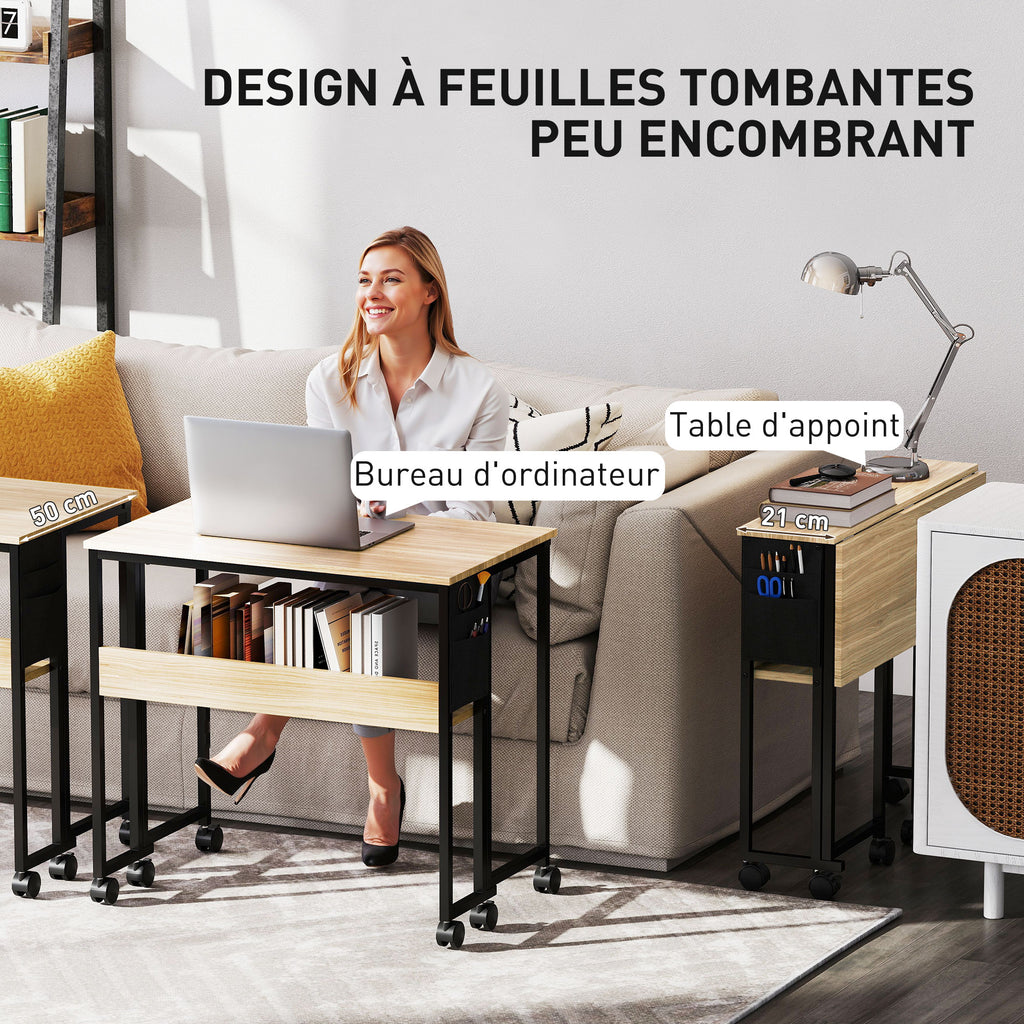 Bureau pliable sur roulettes 80 x 50 cm avec étagère et sac de rangement, chêne