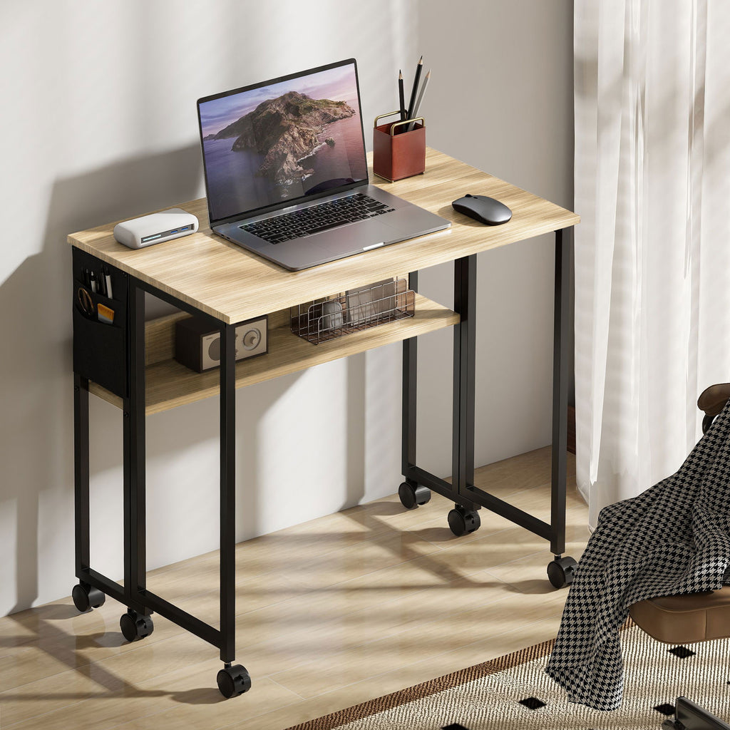Bureau pliable sur roulettes 80 x 50 cm avec étagère et sac de rangement, chêne