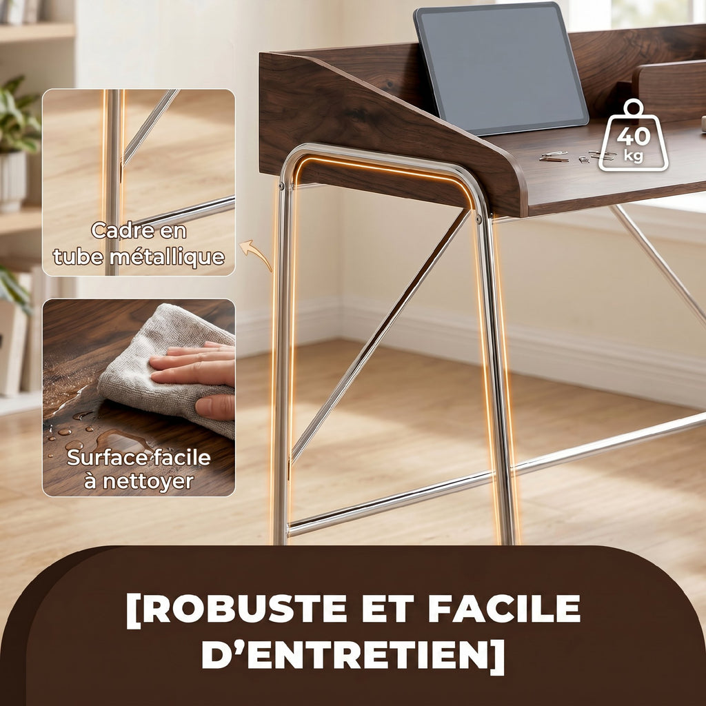 Bureau, bureau d'ordinateur 109 cm avec rebord de sécurité et structure en métal, noyer