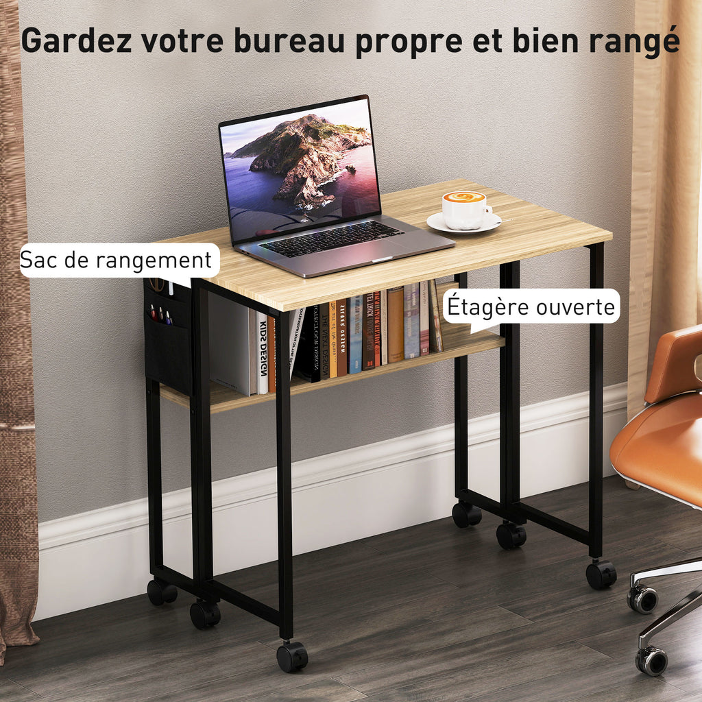 Bureau pliable sur roulettes 80 x 50 cm avec étagère et sac de rangement, chêne