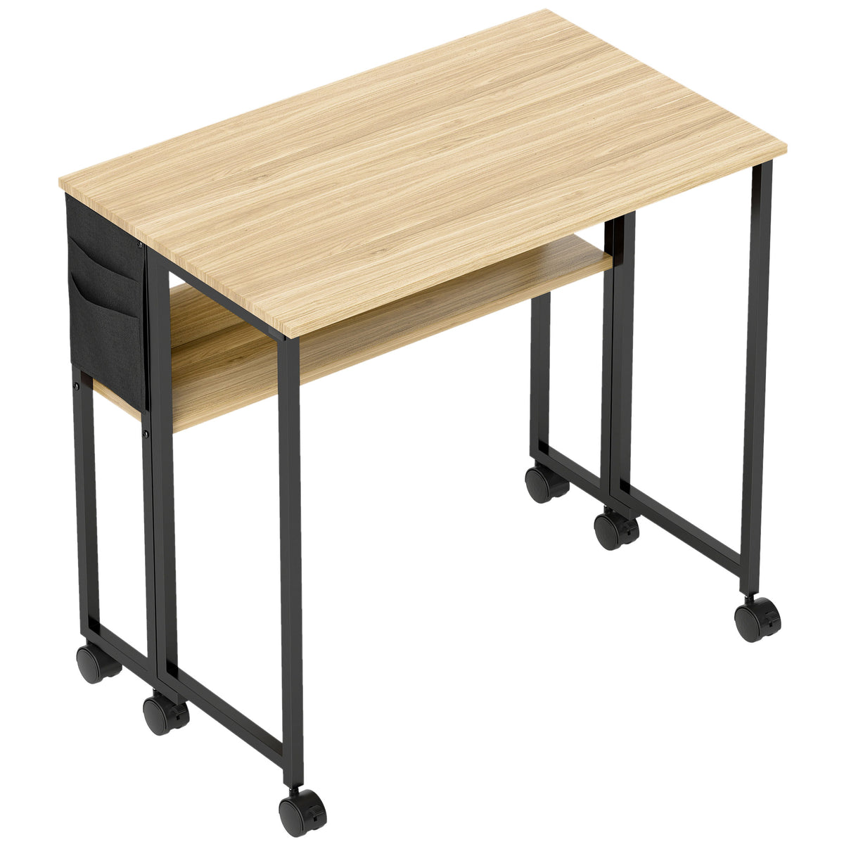 Bureau pliable sur roulettes 80 x 50 cm avec étagère et sac de rangement, chêne