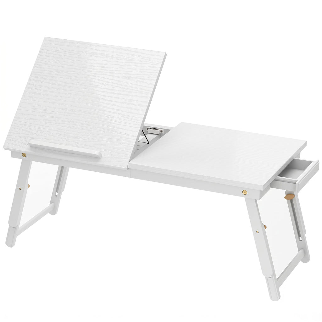 Table de lit pliable et réglable, plateau de lit pour ordinateur portable en bambou plateau inclinable 83,5x33x34cm blanc