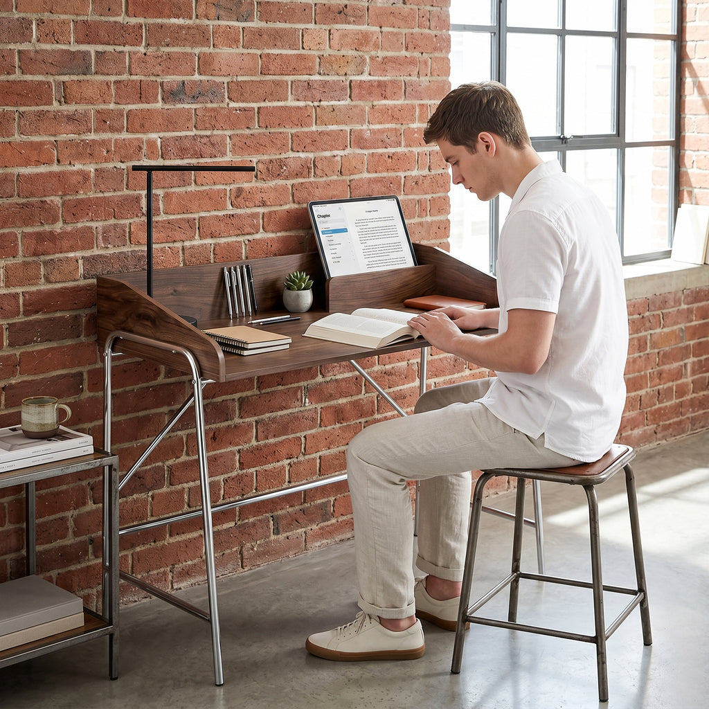 Bureau, bureau d'ordinateur 109 cm avec rebord de sécurité et structure en métal, noyer