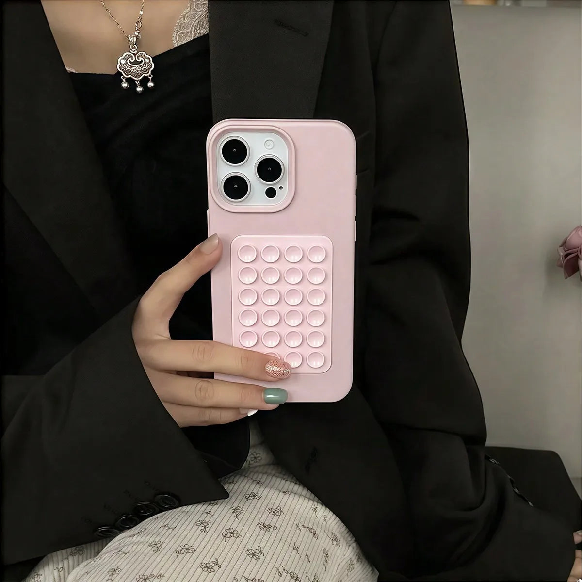 Coque de téléphone à motif litchi avec support à ventouse pour iPhone