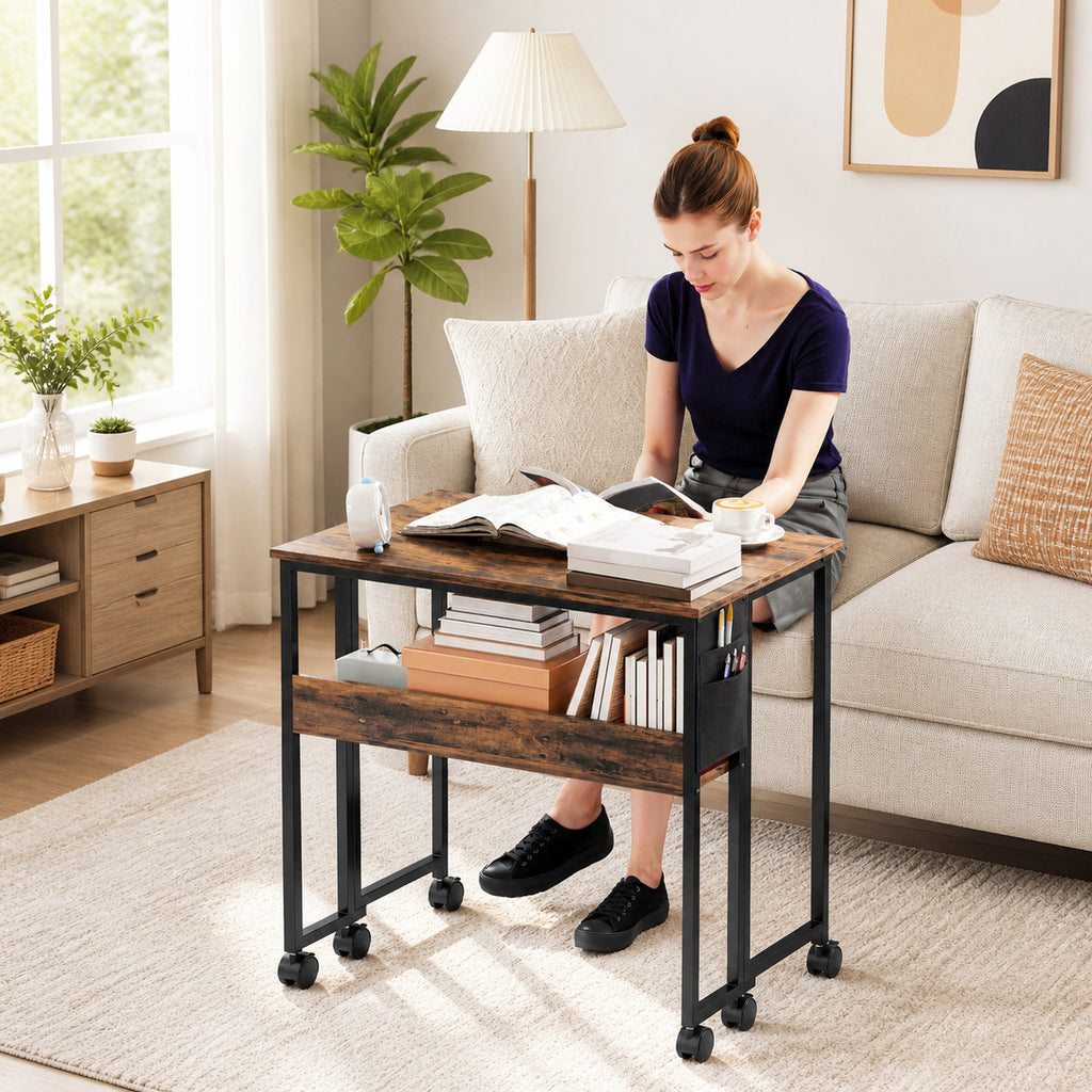 Bureau pliable sur roulettes 80 x 50 cm avec étagère et sac de rangement, brun rustique