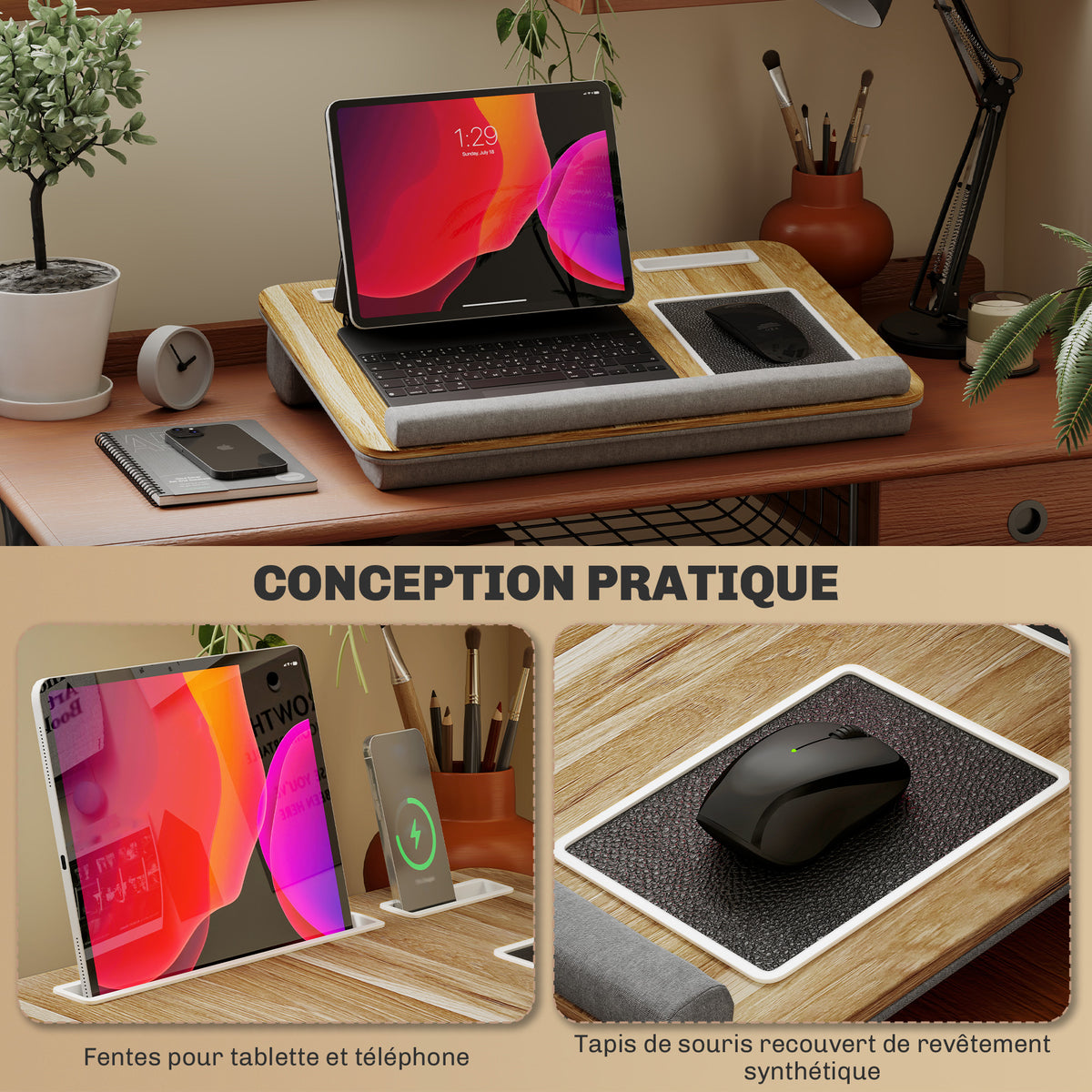 Support ordinateur portable lit avec traversin fente pour tablette ou téléphone tapis de souris repose-poignet poignée