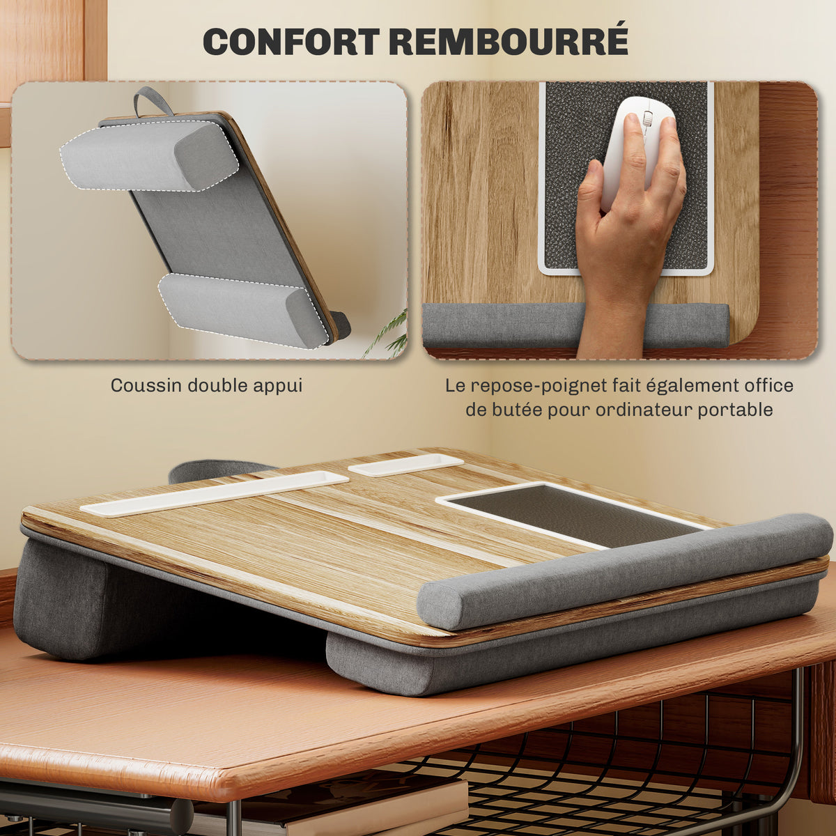 Support ordinateur portable lit avec traversin fente pour tablette ou téléphone tapis de souris repose-poignet poignée