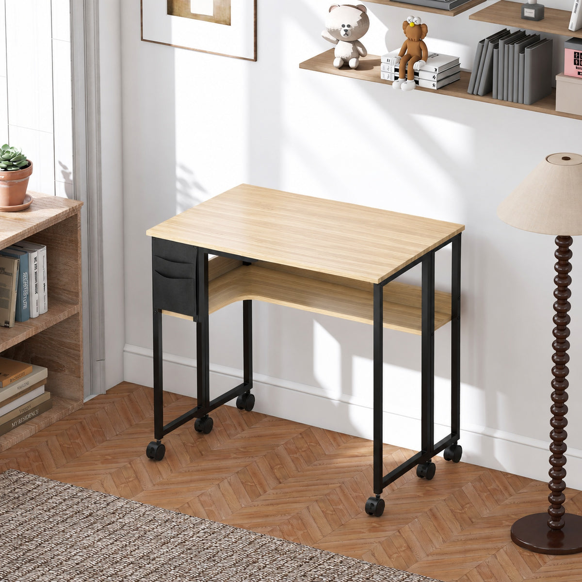 Bureau pliable sur roulettes 80 x 50 cm avec étagère et sac de rangement, chêne