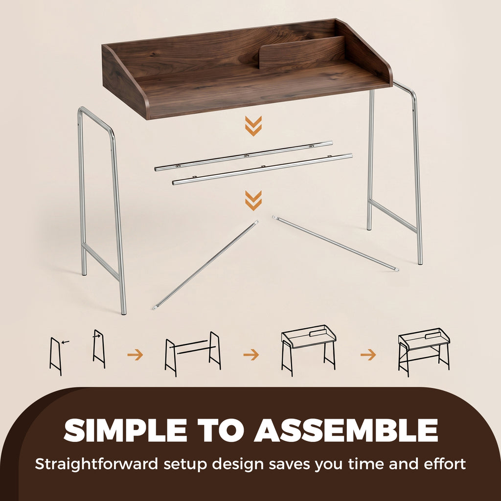 Bureau, bureau d'ordinateur 109 cm avec rebord de sécurité et structure en métal, noyer